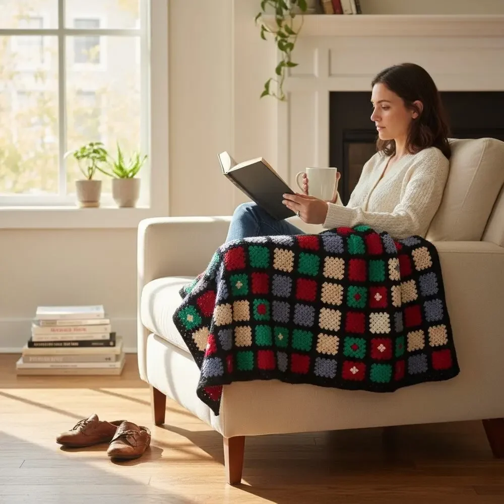 Vintage Granny Square Handmade Afghan Knitted Throw Blanket Multicolor 32”x43”